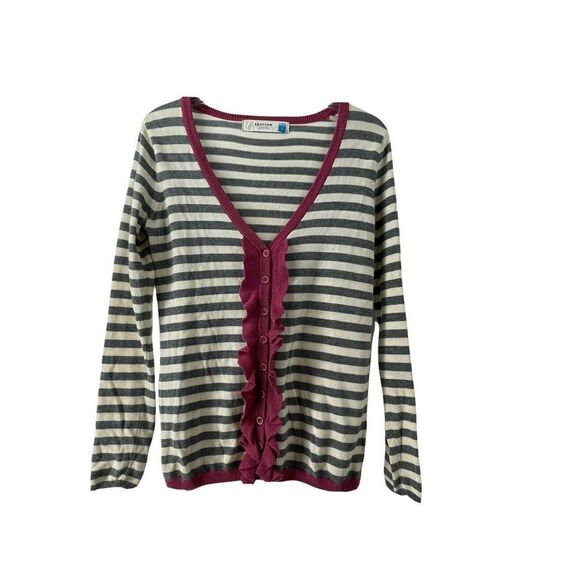 Anthropologie Sparrow Cardigan Sweater Gray Striped Pink Ruffle V-Neck Womens S - Picture 1 of 5